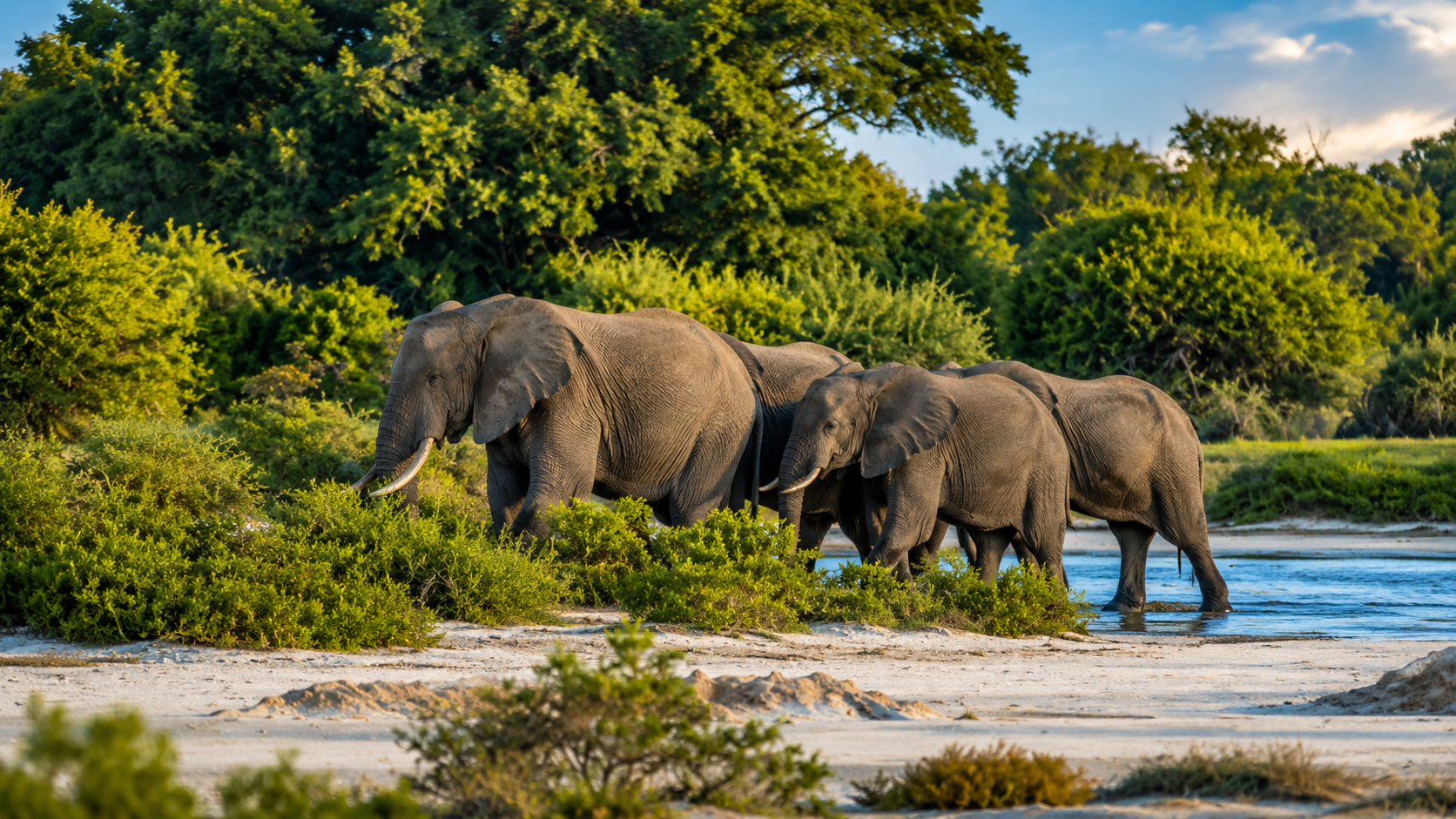 Elephant herd crossing a riverbed in Tarangire